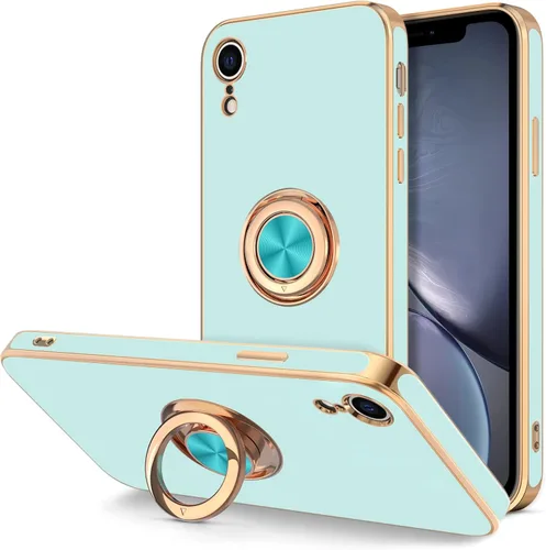 Vista 13 de Hython Funda para iPhone XR con soporte de anillo [soporte de anillo giratorio de 360° con soporte magnético] chapado en oro rosa brillante borde