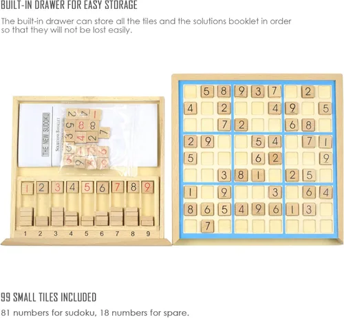 Vista 4 de KAILIMENG Juego de mesa Sudoku de madera con cajón, rompecabezas de madera de 81 rejillas para niños y adultos (línea azul)