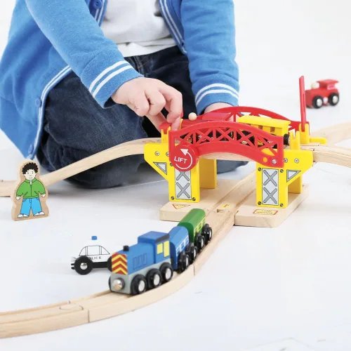 Vista 3 de Bigjigs Rail Puente elevador Modelo de suspensión para expansión de juego de ferrocarril de madera Accesorios de pista para juguete de motor