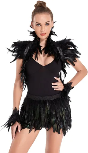 Vista 4 de GOKA Disfraz de gallo negro gótico para mujer, diseño de plumas de gallo negro