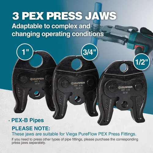 Vista 3 de ZUPPER Mini Kit de herramientas de prensa con 3 mandíbulas adecuado para accesorios de prensa PureFlow de 1/2", 3/4", 1", motor sin escobillas, 2
