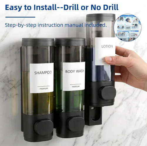 Vista 6 de GMISUN Shower Soap Dispenser Wall Mounted with Razor Holder & Loofah Hook Black