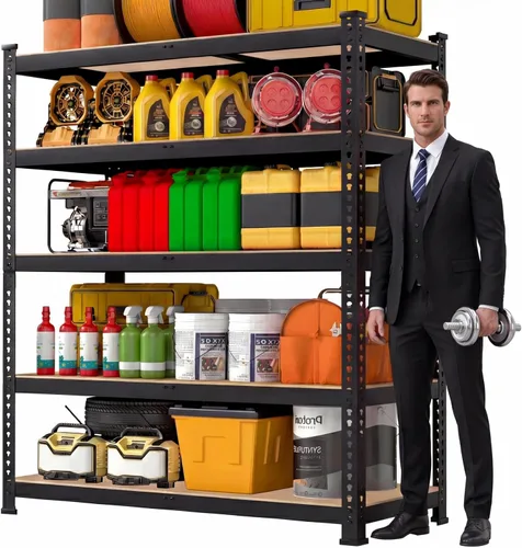 Vista 10 de Estantes de Almacenamiento de Metal de 5 Niveles: Estantería de Garaje de Servicio Pesado con Estantes Ajustables para Almacenamiento - Estante