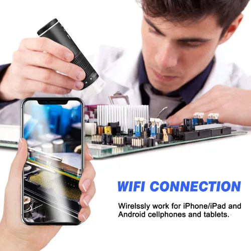 Vista 2 de Jiusion Microscopio digital USB WiFi 50 a 1000x endoscopio de aumento inalámbrico 8 LED Mini cámara HD con soporte actualizado, funda portátil