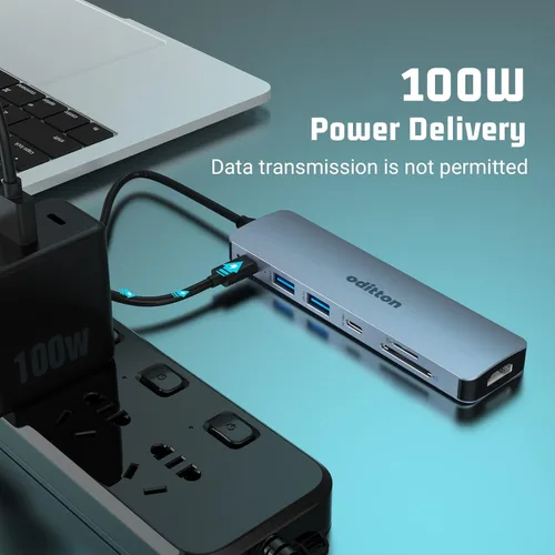 Vista 4 de Hub USB C, estación de acoplamiento USB C 7 en 1, adaptador multipuerto HDMI, 100 W PD, 2 USB 3.0, USB C 3.0, base SD/TF para portátil tipo C
