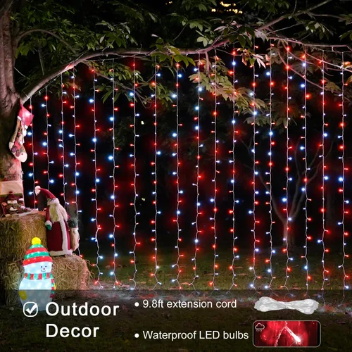 Vista 2 de JMEXSUSS - Cadena de luces de Navidad rojas y blancas de 300 LED con control remoto, luces de cortina de Navidad de 9.8x9.8 pies, enchufe, 8 modos