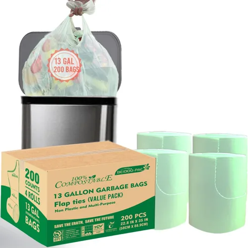 Vista 16 de BEIDOU-PAC Bolsas de basura compostables con solapa de 1 a 2 galones, 120 bolsas de abono pequeñas, bolsas de basura biodegradables para cocina