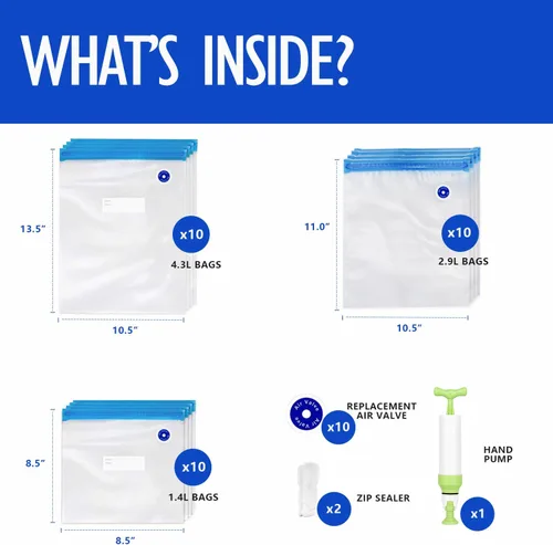 Vista 3 de VICARKO 30 bolsas con cremallera al vacío, bolsas selladoras al vacío, bomba de mano, almacenamiento de alimentos, bolsas reutilizables, con doble