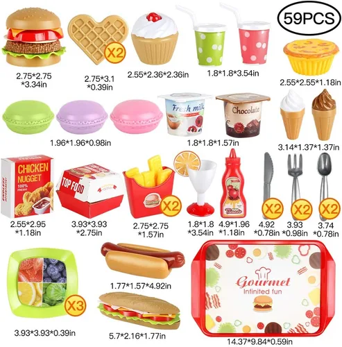 Vista 2 de Juego de comida rápida, juego de 59 piezas de juguetes de cocina para juegos de simulación, accesorios de juego para niños pequeños, alimentos