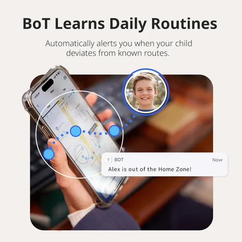 Vista 5 de BoT Talk® GPS Tracker para niños con mensajes de voz Walkie-Talkie, apto para la escuela, sin pantalla, alertas de actividad inusual, batería de 7
