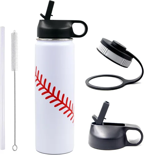 Vista 13 de Botella de agua de softbol de 32 onzas, botella deportiva de boca ancha, vaso de viaje de metal con 2 tapas, acero inoxidable de doble pared aislada