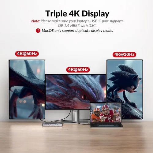 Vista 6 de Estación de acoplamiento de acceso AV 3 monitores, pantalla única de 8K a 30Hz, pantalla triple 4K (2DP/1HDMI), base USB-C con carga de laptop