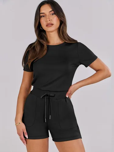 Vista 2 de ANRABESS Enterizo de verano para mujer, cuello redondo, casual, holgado, manga corta, de una pieza, con bolsillos
