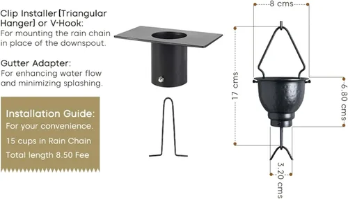 Vista 3 de Cadena de lluvia de aluminio de alta calidad para canalón, cadena de lluvia a prueba de óxido de larga duración con adaptador de canalón e