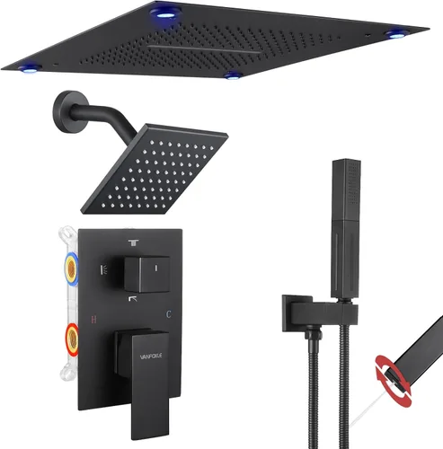 Vista 10 de VANFOXLE - Juego de grifo de ducha dorado cepillado, grifo de ducha con 2 en 1 de mano, cabezal de ducha LED de 16 pulgadas, cabezal de ducha de 6