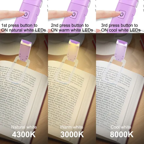 Vista 4 de HONWELL Luz de libro recargable, luces LED de lectura con clip para niños que leen en la cama, 3 niveles de brillo, luz de marcador regulable