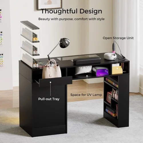 Vista 9 de Mesa de Manicura para Técnico de Uñas con Tapa de Vidrio y Cajón, Mesa para Técnico de Uñas con Estantes Móviles, Colector de Polvo, Carga