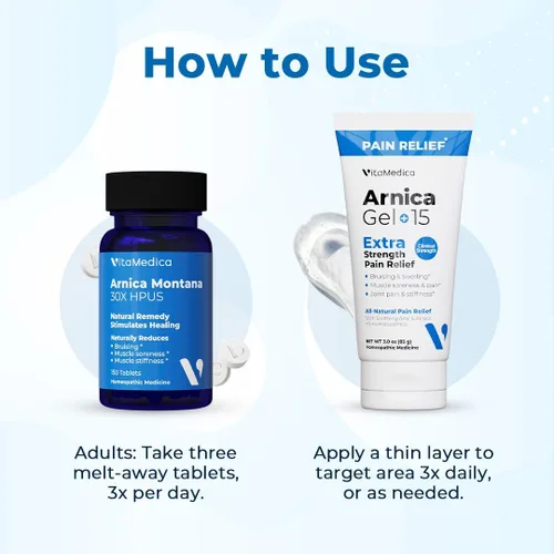 Vista 7 de VitaMedica Arnica Montana Tablets & Arnica Gel Bundle – Soporte para moretones, hinchazón y dolor, 150 tabletas de disolución rápida + 3 oz de gel a