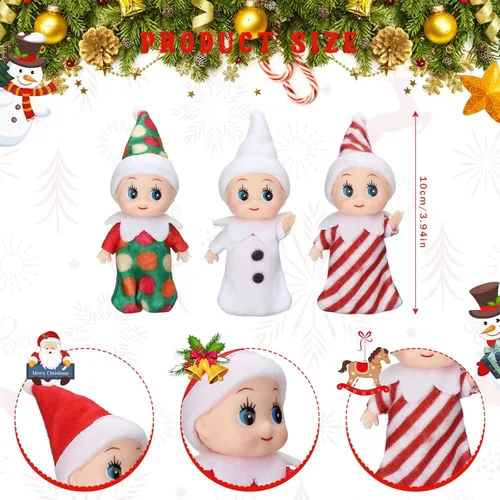 Vista 3 de 3 piezas diminutas muñecas elfas de Navidad en miniatura, gemelos rojos y verdes, regalos para bebé recién nacido, rellenos de calcetines para Año