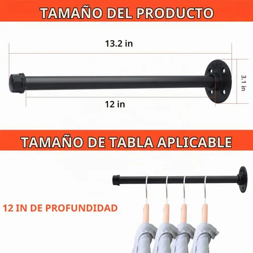 Vista 3 de Perchero industrial para ropa de tubería de 12 pulgadas, paquete de 4 unidades, perchero montado en la pared, resistente, rústico, vintage, acero