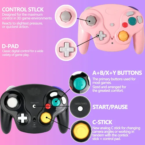 Vista 4 de Dliaonew 24G Wireless Gamecube Controller Classic Gamecube Wii Controller with Receiver Adapter for Wii Gamecube NGC Black and Pink