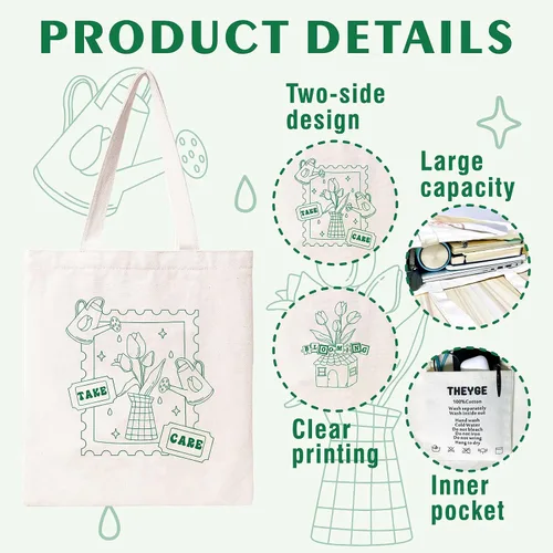 Vista 4 de THEYGE Bonita bolsa de lona de algodón estética, bolsa de comestibles reutilizable para mujer, ESTAMPILLA, Casual