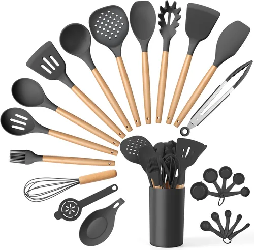 Vista 25 de E-far - Juego de utensilios de cocina de silicona, 5 piezas, juego de utensilios de cocina negros con mango de madera para cocinar, espátulas