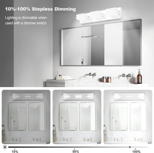 Vista 3 de 3 lámparas de baño regulables de temperatura de color para sobre espejo, lámparas de tocador LED cromadas de 3 luces, lámparas de tocador de baño