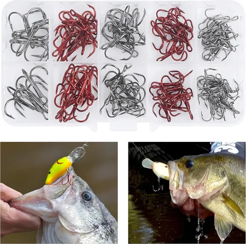 Vista 6 de Fishing Treble Hooks Kit, Red Treble Hooks Sharp Round Bend High Carbon Steel Strong Barbed Fishing Hooks with Stainless Steel Split Rings for Lures