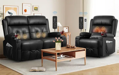 Vista 27 de Sofá reclinable de dos plazas, sofá reclinable de gran tamaño, sofá reclinable de masaje con puerto USB y almacenamiento y portavasos, sofá