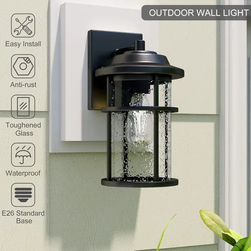 Vista 2 de Farol de pared para exteriores, aplique de pared impermeable exterior, iluminación de montaje en pared negra antioxidante con pantalla de vidrio