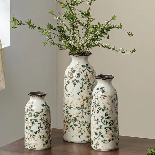 Vista 22 de Jarrón de cerámica verde y blanco con asa, florero rústico para decoración de hogar estilo “chinoiserie”, “grandmillenial” y toscano, jarrón