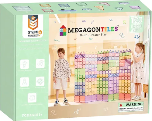 Vista 8 de MEGAGONTILES Juego de 60 azulejos magnéticos para estación de bomberos Bloques de construcción magnéticos STEM con camiones de bomberos y grúas