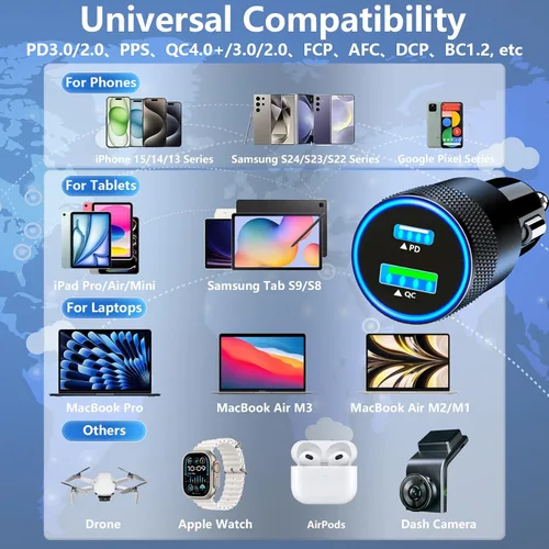 Vista 7 de [Apple MFi Certified] iPhone Fast Car Charger, Rombica 52.5W USB-C PD&QC3.0 Car Power Cigarette Lighter USB Charger Adapter with 2Pack Lightning