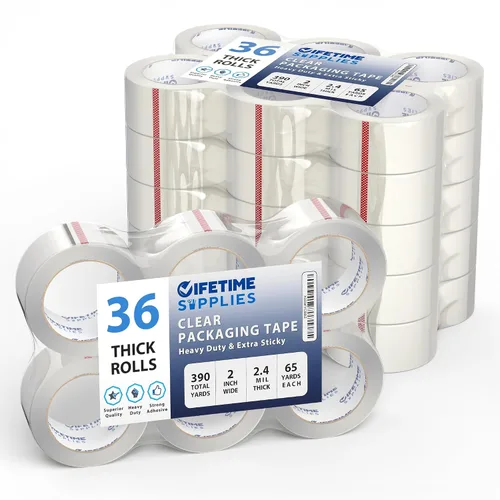 Lifetime Supplies 36 Rollos [Actualizado] Cinta de Embalaje Premium Transparente, 65 Yardas, 2.2 mil, Cinta de Embalaje Resistente para Envíos,