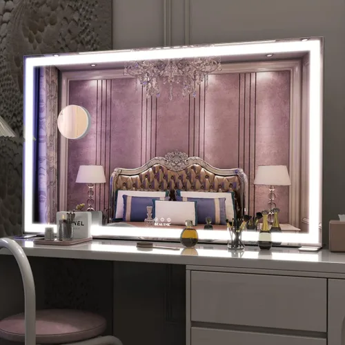 Vista 11 de ANYHI Espejo de tocador con luz, espejo de maquillaje grande Hollywood iluminado, 14 bombillas LED regulables, control táctil inteligente, montaje