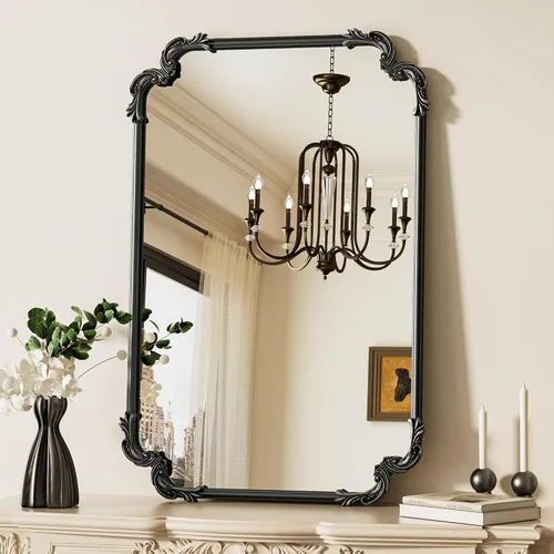 Vista 10 de TETOTE Espejo rectangular negro barroco vintage para pared, 22 x 30 pulgadas, marco de desplazamiento antiguo, espejo de manto francés