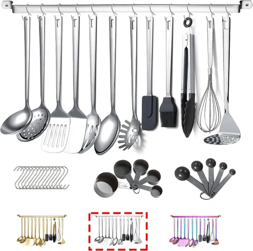 Kyraton - Juego de utensilios de cocina de acero inoxidable con de 37 piezas, juego de herramientas de cocina con soporte de utensilios,