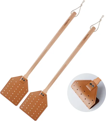 DEBETOOL Juego de matamoscas – Paquete de 2 matamoscas de cuero de madera con cuerda para colgar, matamoscas resistente para interiores y exteriores