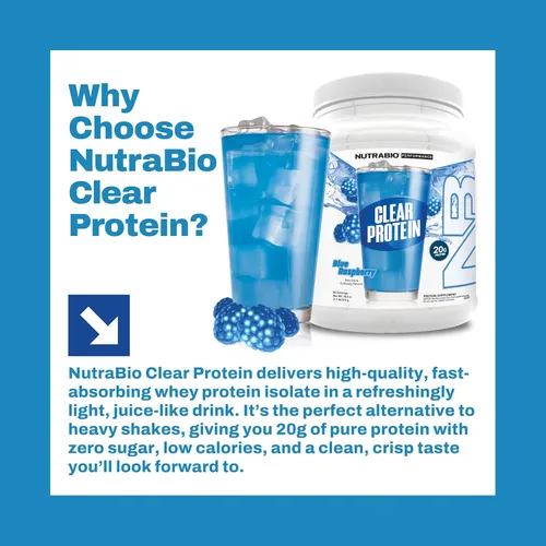 Vista 7 de NutraBio Polvo de proteína transparente, frambuesa azul, 20 porciones, 0.71 onzas de aislado de proteína de suero transparente, 0 azúcar, 0.00 oz