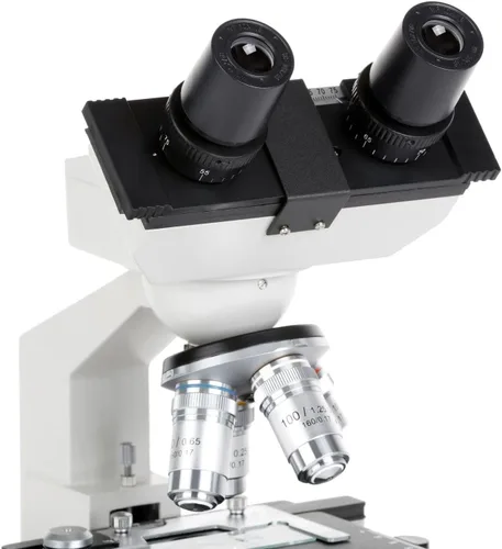 Vista 3 de Microscopio compuesto binocular LED lab 40X-2000X Omax con doble capa, etapa mecánica y coaxial fino/grueso, perilla de enfoque