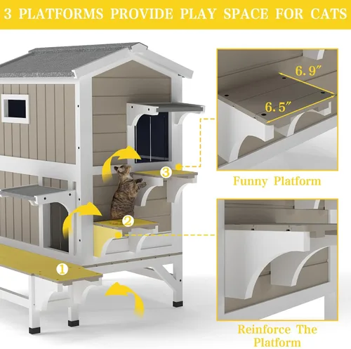 Vista 2 de Casa para gatos de 2 pisos de 28.7 pulgadas de largo con 3 puertas, refugio para gatos para interiores y exteriores para 2-3 gatos con balcón