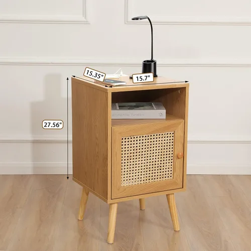 Vista 8 de Xilingol Mesita de noche de ratán con estación de carga, puertos USB y tomas de corriente, mesa auxiliar de madera bohemia para sala de estar