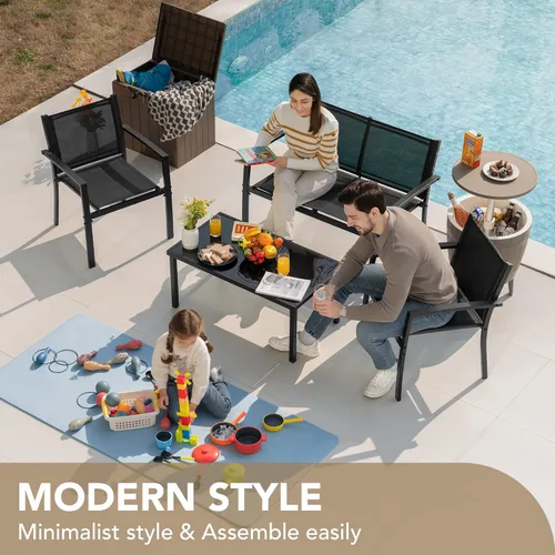 Vista 4 de Devoko - Juego de 4 piezas de muebles de patio al aire libre para jardín, sillas y mesa de café de cristal para patio o terraza, Negro