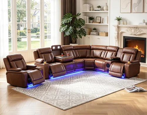 Vista 36 de Juego de sofá modular reclinable eléctrico para sala de estar, juego de sofá reclinable de cuero con luces LED / almacenamiento oculto, sofá