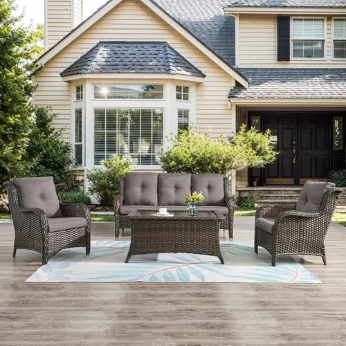 Vista 64 de Belord Mesa auxiliar pequeña para exteriores, mesa de mimbre de vidrio templado, mesa de centro impermeable para patio, mesa auxiliar de ratán