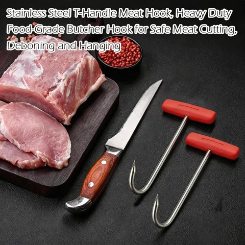 Vista 6 de Tinsow 2 piezas de ganchos para carne para carnicería, ganchos de deshuesado en forma de T con mango de 15 cm de acero inoxidable kit de Naranja