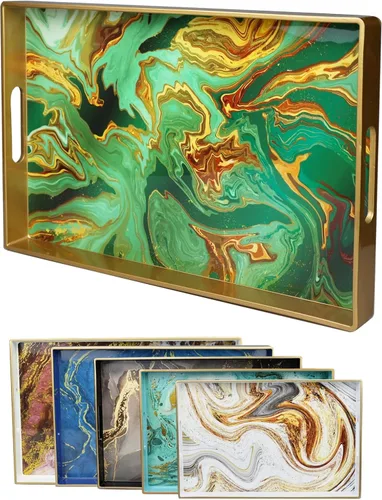 Vista 11 de Bandeja decorativa redonda de mármol blanco con asas, bandeja de servir moderna de plástico de 13" para mesa de café, baño, otomano, decoración