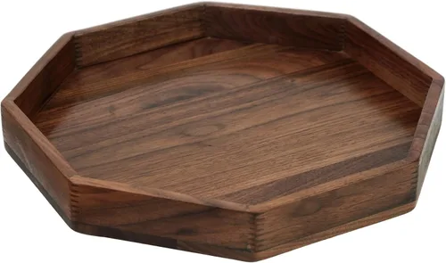 Vista 11 de Bandeja otomana pequeña hexagonal de madera de nogal negro de 12 pulgadas con asas, sirve té, bandeja decorativa de madera clásica para servir café