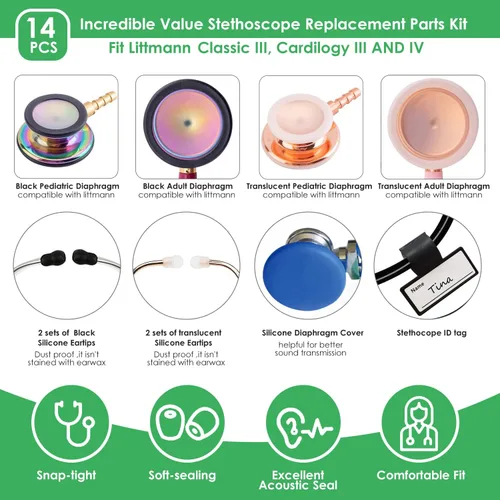 Vista 2 de 14 piezas de repuesto de accesorios para estetoscopio Littmann, 4 pares de puntas suaves para estetoscopio, piezas de tapones para los oídos